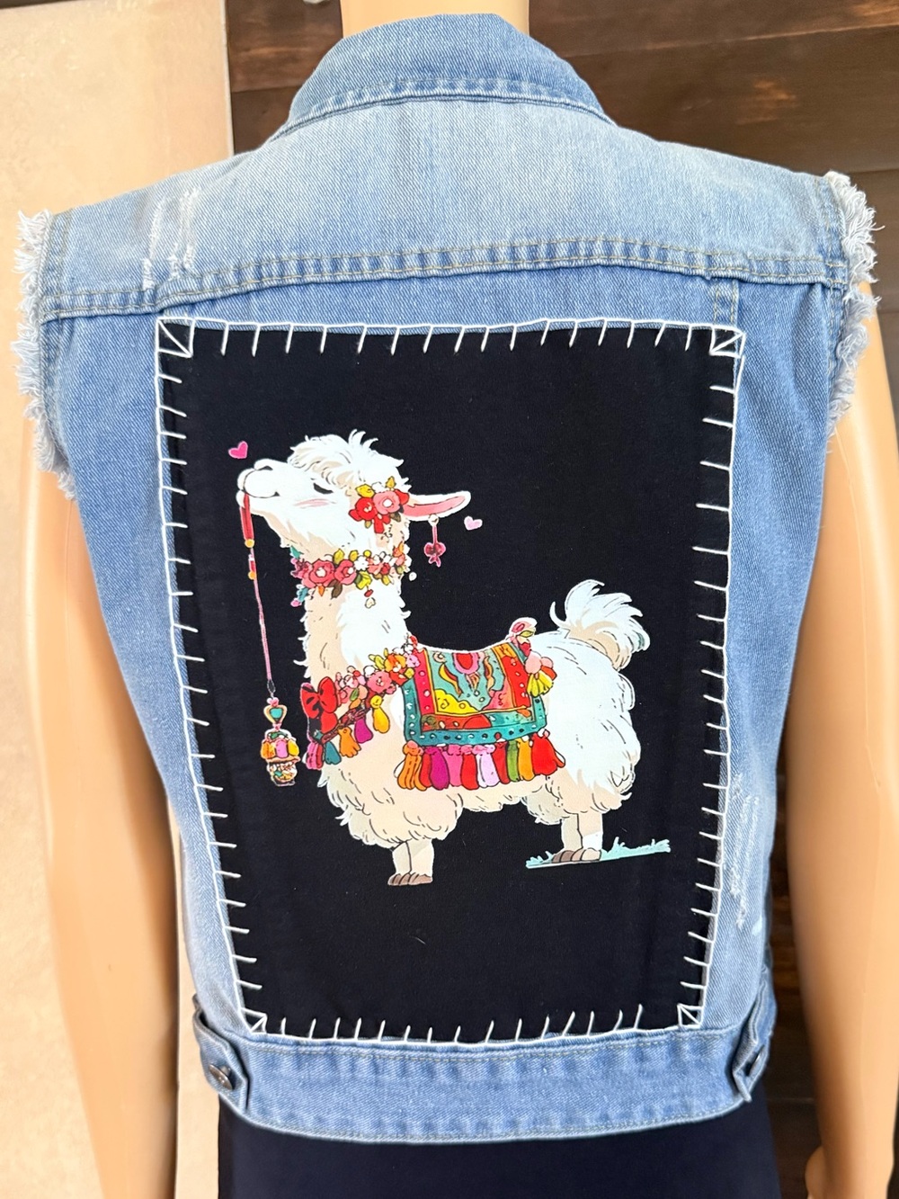 Upcycled Llama Denim Vest Size Juniors L